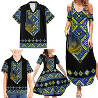 Ukraine Bandura Vyshyvanka Pattern Family Matching Summer Maxi Dress and Hawaiian Shirt Ukrainian Heritage Folk Black Version