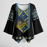 Ukraine Bandura Vyshyvanka Pattern Kimono Sleeve Blouse Ukrainian Heritage Folk Black Version - Wonder Print Shop