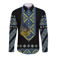 Ukraine Bandura Vyshyvanka Pattern Long Sleeve Button Shirt Ukrainian Heritage Folk Black Version - Wonder Print Shop