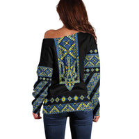 Ukraine Bandura Vyshyvanka Pattern Off Shoulder Sweater Ukrainian Heritage Folk Black Version - Wonder Print Shop