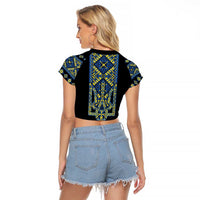 Ukraine Bandura Vyshyvanka Pattern Raglan Cropped T Shirt Ukrainian Heritage Folk Black Version - Wonder Print Shop