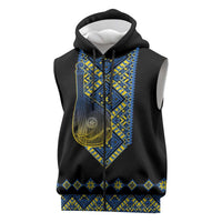 Ukraine Bandura Vyshyvanka Pattern Sleeveless Zip Hoodie Ukrainian Heritage Folk Black Version - Wonder Print Shop