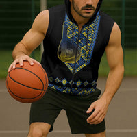 Ukraine Bandura Vyshyvanka Pattern Sleeveless Zip Hoodie Ukrainian Heritage Folk Black Version - Wonder Print Shop