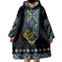 Ukraine Bandura Vyshyvanka Pattern Wearable Blanket Hoodie Ukrainian Heritage Folk Black Version - Wonder Print Shop