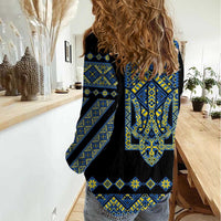 Ukraine Bandura Vyshyvanka Pattern Women Casual Shirt Ukrainian Heritage Folk Black Version - Wonder Print Shop