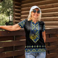 Ukraine Bandura Vyshyvanka Pattern Women Polo Shirt Ukrainian Heritage Folk Black Version - Wonder Print Shop