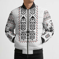 Ukraine Military Vyshyvanka Pattern Bomber Puffer Jacket Ukrainian Heritage White Tactical Style - Wonder Print Shop