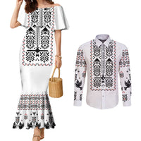 Ukraine Military Vyshyvanka Pattern Couples Matching Mermaid Dress and Long Sleeve Button Shirt Ukrainian Heritage White Tactical Style - Wonder Print Shop