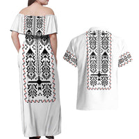Ukraine Military Vyshyvanka Pattern Couples Matching Off Shoulder Maxi Dress and Hawaiian Shirt Ukrainian Heritage White Tactical Style - Wonder Print Shop