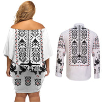 Ukraine Military Vyshyvanka Pattern Couples Matching Off Shoulder Short Dress and Long Sleeve Button Shirt Ukrainian Heritage White Tactical Style - Wonder Print Shop