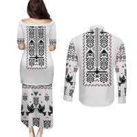Ukraine Military Vyshyvanka Pattern Couples Matching Puletasi and Long Sleeve Button Shirt Ukrainian Heritage White Tactical Style - Wonder Print Shop