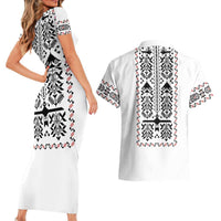 Ukraine Military Vyshyvanka Pattern Couples Matching Short Sleeve Bodycon Dress and Hawaiian Shirt Ukrainian Heritage White Tactical Style - Wonder Print Shop