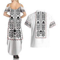 Ukraine Military Vyshyvanka Pattern Couples Matching Summer Maxi Dress and Hawaiian Shirt Ukrainian Heritage White Tactical Style - Wonder Print Shop