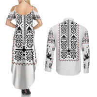 Ukraine Military Vyshyvanka Pattern Couples Matching Summer Maxi Dress and Long Sleeve Button Shirt Ukrainian Heritage White Tactical Style - Wonder Print Shop