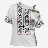 Ukraine Military Vyshyvanka Pattern Cross Shoulder Shirt Ukrainian Heritage White Tactical Style - Wonder Print Shop