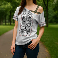 Ukraine Military Vyshyvanka Pattern Cross Shoulder Shirt Ukrainian Heritage White Tactical Style - Wonder Print Shop