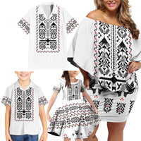 Ukraine Military Vyshyvanka Pattern Family Matching Off Shoulder Short Dress and Hawaiian Shirt Ukrainian Heritage White Tactical Style