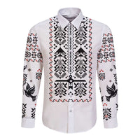 Ukraine Military Vyshyvanka Pattern Long Sleeve Button Shirt Ukrainian Heritage White Tactical Style - Wonder Print Shop