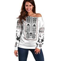 Ukraine Military Vyshyvanka Pattern Off Shoulder Sweater Ukrainian Heritage White Tactical Style - Wonder Print Shop