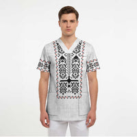 Ukraine Military Vyshyvanka Pattern Scrub Top Ukrainian Heritage White Tactical Style - Wonder Print Shop