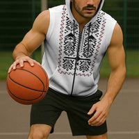 Ukraine Military Vyshyvanka Pattern Sleeveless Zip Hoodie Ukrainian Heritage White Tactical Style - Wonder Print Shop