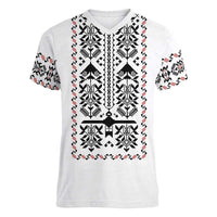 Ukraine Military Vyshyvanka Pattern Women V-Neck T-Shirt Ukrainian Heritage White Tactical Style - Wonder Print Shop