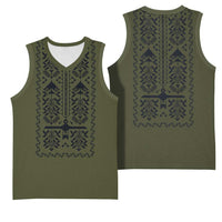 Ukraine Military Vyshyvanka Pattern Basketball Jersey Ukrainian Heritage Green Tactical Style - Wonder Print Shop
