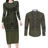 Ukraine Military Vyshyvanka Pattern Couples Matching Long Sleeve Bodycon Dress and Long Sleeve Button Shirt Ukrainian Heritage Green Tactical Style - Wonder Print Shop