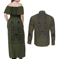 Ukraine Military Vyshyvanka Pattern Couples Matching Off Shoulder Maxi Dress and Long Sleeve Button Shirt Ukrainian Heritage Green Tactical Style - Wonder Print Shop