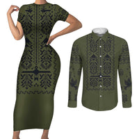 Ukraine Military Vyshyvanka Pattern Couples Matching Short Sleeve Bodycon Dress and Long Sleeve Button Shirt Ukrainian Heritage Green Tactical Style - Wonder Print Shop