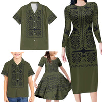 Ukraine Military Vyshyvanka Pattern Family Matching Long Sleeve Bodycon Dress and Hawaiian Shirt Ukrainian Heritage Green Tactical Style