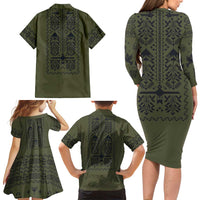 Ukraine Military Vyshyvanka Pattern Family Matching Long Sleeve Bodycon Dress and Hawaiian Shirt Ukrainian Heritage Green Tactical Style