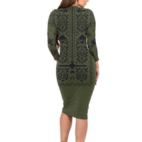 Ukraine Military Vyshyvanka Pattern Family Matching Long Sleeve Bodycon Dress and Hawaiian Shirt Ukrainian Heritage Green Tactical Style