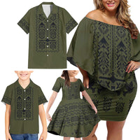 Ukraine Military Vyshyvanka Pattern Family Matching Off Shoulder Short Dress and Hawaiian Shirt Ukrainian Heritage Green Tactical Style
