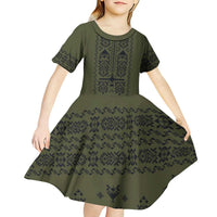 Ukraine Military Vyshyvanka Pattern Kid Short Sleeve Dress Ukrainian Heritage Green Tactical Style - Wonder Print Shop