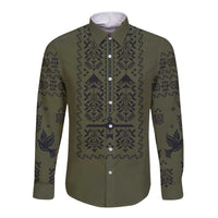 Ukraine Military Vyshyvanka Pattern Long Sleeve Button Shirt Ukrainian Heritage Green Tactical Style - Wonder Print Shop