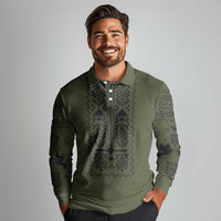Ukraine Military Vyshyvanka Pattern Long Sleeve Polo Shirt Ukrainian Heritage Green Tactical Style - Wonder Print Shop