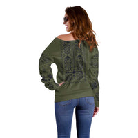Ukraine Military Vyshyvanka Pattern Off Shoulder Sweater Ukrainian Heritage Green Tactical Style - Wonder Print Shop