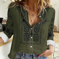 Ukraine Military Vyshyvanka Pattern Women Casual Shirt Ukrainian Heritage Green Tactical Style - Wonder Print Shop