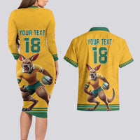 Custom Australia Rugby Couples Matching Long Sleeve Bodycon Dress and Hawaiian Shirt Wallabies Mascot Sporty Style - Wonder Print Shop