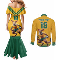 Custom Australia Rugby Couples Matching Mermaid Dress and Long Sleeve Button Shirt Wallabies Mascot Sporty Style - Wonder Print Shop
