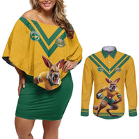 Custom Australia Rugby Couples Matching Off Shoulder Short Dress and Long Sleeve Button Shirt Wallabies Mascot Sporty Style - Wonder Print Shop