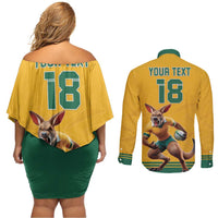 Custom Australia Rugby Couples Matching Off Shoulder Short Dress and Long Sleeve Button Shirt Wallabies Mascot Sporty Style - Wonder Print Shop