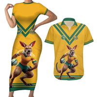 Custom Australia Rugby Couples Matching Short Sleeve Bodycon Dress and Hawaiian Shirt Wallabies Mascot Sporty Style - Wonder Print Shop