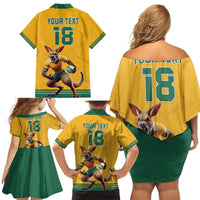 Custom Australia Rugby Family Matching Off Shoulder Short Dress and Hawaiian Shirt Wallabies Mascot Sporty Style - Wonder Print Shop
