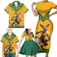 Custom Australia Rugby Family Matching Short Sleeve Bodycon Dress and Hawaiian Shirt Wallabies Mascot Sporty Style - Wonder Print Shop