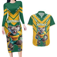 Custom Australia Rugby Couples Matching Long Sleeve Bodycon Dress and Hawaiian Shirt Koala Mascot Sporty Style - Wonder Print Shop