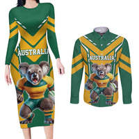 Custom Australia Rugby Couples Matching Long Sleeve Bodycon Dress and Long Sleeve Button Shirt Koala Mascot Sporty Style - Wonder Print Shop