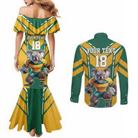 Custom Australia Rugby Couples Matching Mermaid Dress and Long Sleeve Button Shirt Koala Mascot Sporty Style - Wonder Print Shop