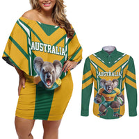 Custom Australia Rugby Couples Matching Off Shoulder Short Dress and Long Sleeve Button Shirt Koala Mascot Sporty Style - Wonder Print Shop